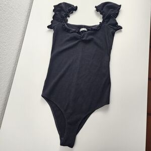 Reformation Black Ruffled Sleeve Bodysuit, Size S, Romantic Cap Sleeve, Feminine